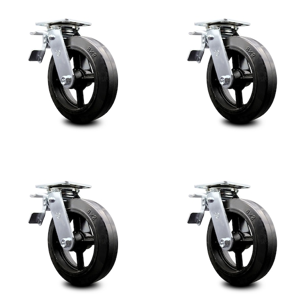 Service Caster 8 Inch Rubber on Steel Caster Set with Roller Bearing and Total Lock Brake SCC SCC-TTL30S820-RSR-4 - main